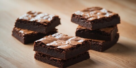 Delicious chocolate brownies on wooden surface