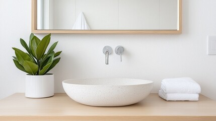 Fototapeta premium Modern white vessel sink sits on a wooden vanity next to a green potted plant and folded towels in a bright minimalist bathroom.