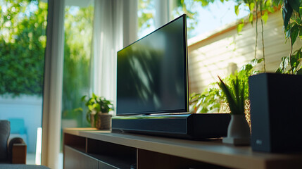 Fototapeta premium Elegant living room setup featuring modern technology and lush greenery in a sunlit space for a cozy atmosphere
