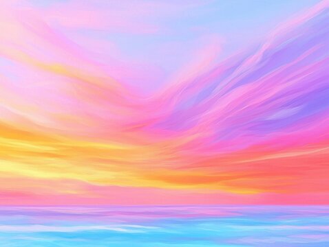 Vibrant sunset over calm ocean waters coastal landscape digital art serene environment wide angle view