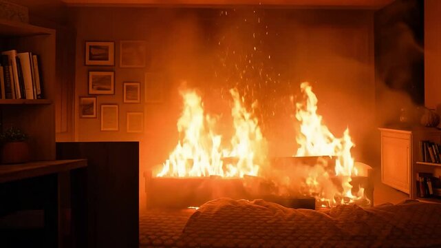 An apartment fire in a living room with numerous flames and smoke.