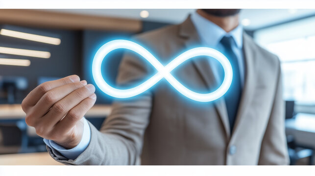 Businessman Holding Neon Infinity Symbol - Powered by Adobe
