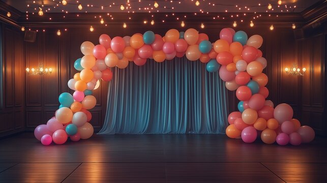 A dance floor with balloons and lights in the background, decorated for an elegant party. A large curtain is draped over one side of it, creating a festive atmosphere. 