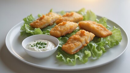 Crispy Fried Fish Fillets with Fresh Lettuce and Creamy Dip Sauce