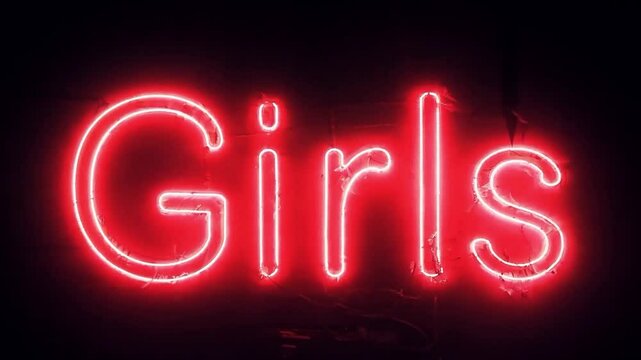 An animated lettering of the word Girls in the style of a flickering red neon advert.