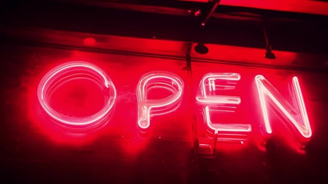 An animated lettering of the word Open in the style of a flickering neon sign on a dark background
