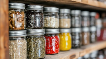 Wooden shelf stocked with spice jars, various colorful ingredients