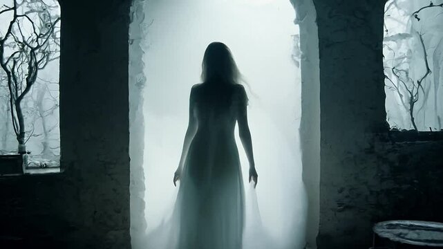 A creepy ghostly apparition in human form moves through an old haunted house.
