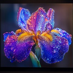 Glowing Iris with Dew Drops at Night