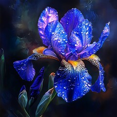 Glowing Iris with Dew Drops at Night