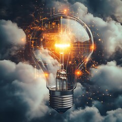 3D Render Circuitry Clouds Glowing Lightbulb
