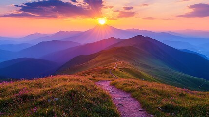 Mountain trail sunset panorama, vibrant hues, peaceful hike