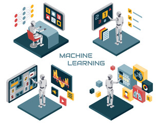 Artificial intelligence machine learning concept vector illustration set. in isometric AI in social media, finance, medicine, dashboard service, machine learning.
