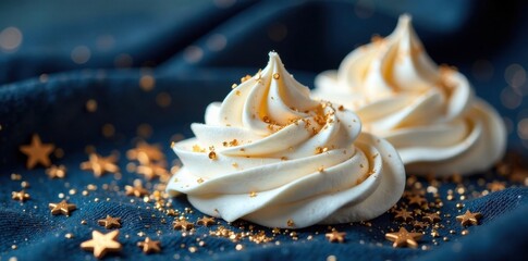 Whipped cream swirls with glittering stars on dark fabric, festive, stars, decorations