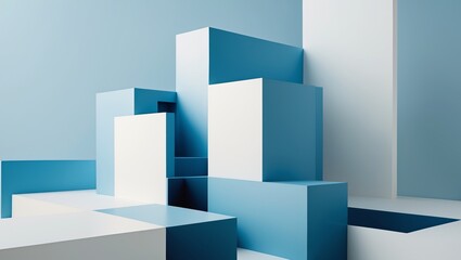 Blue and white abstract geometric presentation background with rectangle and square shapes.