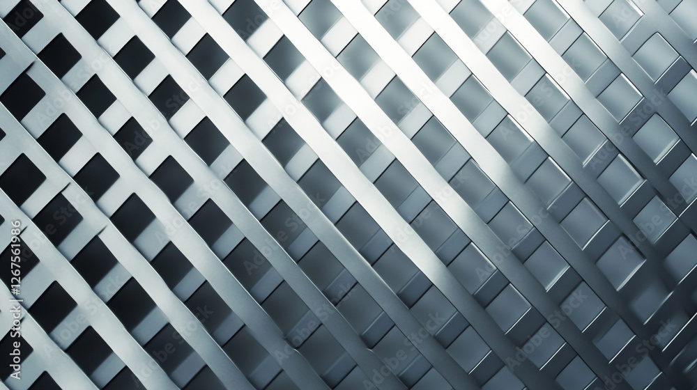 Poster intricate geometric patterns created by angled metallic strips reflecting light in a modern architec