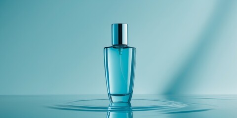 Elegant Blue Cosmetic Bottle on Glossy Aqua Background