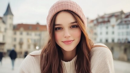 Embrace Winter's Charm A Captivating Portrait of a Woman in a Knitted Sweater and Coat Walking Outdoors in Winter, Exuding Elegance and Warmth Discover the Perfect Blend of Style and Comfort as She