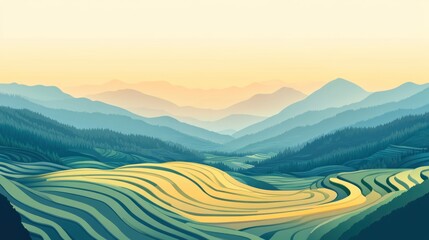 Serene sunrise over terraced rice fields and misty mountains.