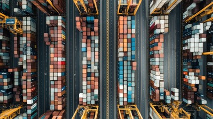 Obraz premium Aerial view of shipping containers at port, global trade logistics