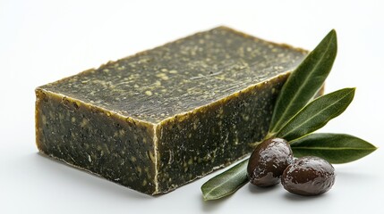 Olive oil soap bar, olives, leaves, white background, natural product, spa