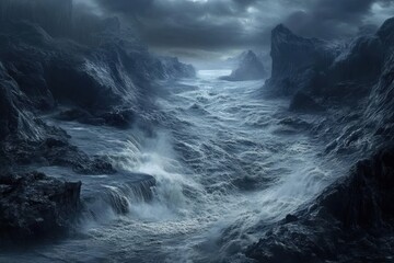Fototapeta premium Stormy ocean waves crash against rugged cliffs in a dramatic landscape view