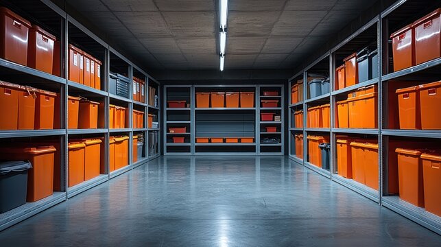Orange storage boxes in a modern warehouse, efficient organization, background shows concrete floor and ceiling. Use  Logistics, inventory