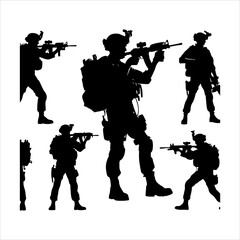 Soldier silhouette vector. Silhouette of army military with machine guns vector  