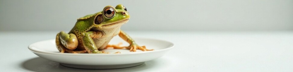 White plate with frog sitting on it , food, plates