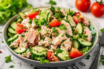 White bowl filled with a colorful salad of tomatoes, cucumbers, and fish.