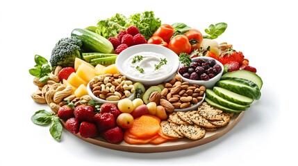 Colorful Fresh Fruit and Vegetable Platter with Dips and Snacks