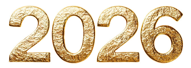 Shiny gold 2026 numbers with sparkling texture, isolated on transparent cutout background