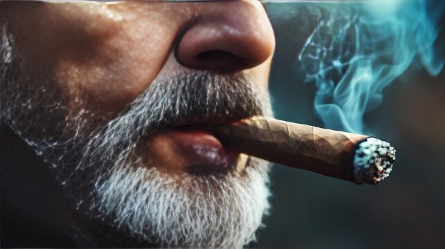 Close-up of a man smoking a cigar, capturing the rich smoke and relaxed expression, exuding sophistication and elegance. Ideal for luxury, lifestyle, and relaxation-themed content.