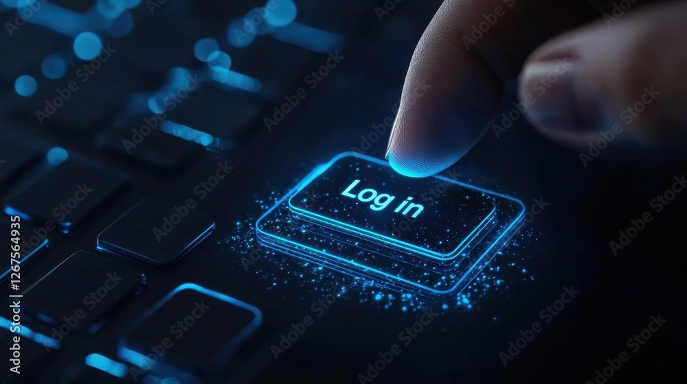 Poster futuristic finger touching log in button on keyboard in a dark setting with bright glowing effect cr