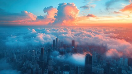 Cityscape sunrise above clouds; aerial view