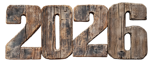 2026 in rustic wooden texture, isolated on transparent cutout background
