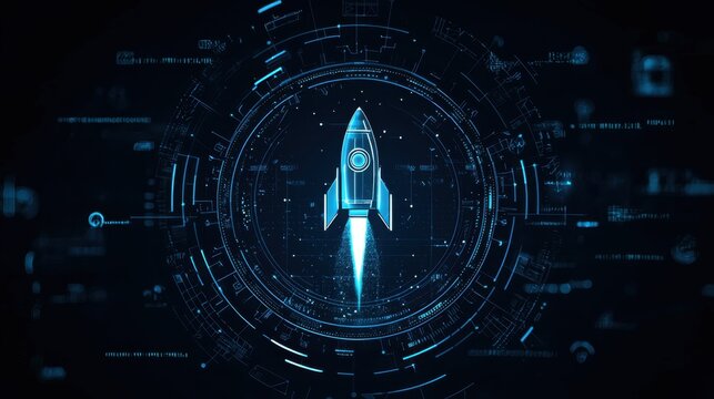 Futuristic Rocket Launch Concept with Digital Interface, Launching Into Space, Science Fiction Imagery, Abstract Tech Background for Innovation and Exploration