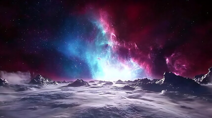 Fototapeta premium Cosmic Landscape of Distant Exoplanet with Aurora Borealis and Mountains Shrouded in Ethereal Mist