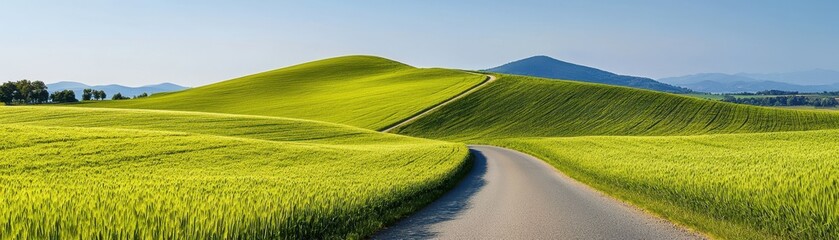 Obraz premium Scenic Landscape of Rolling Green Hills Under Blue Sky with a Winding Road in Tranquil Nature Setting