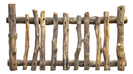 Rustic wooden fence made of natural logs, isolated on transparent cutout background