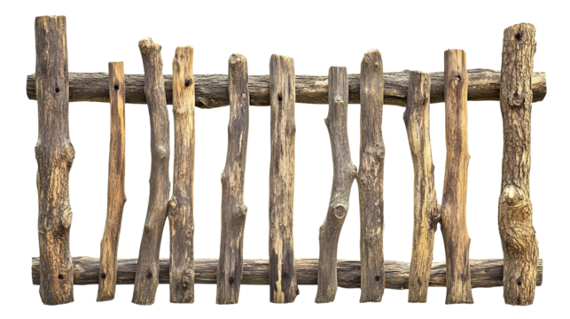 Rustic wooden fence made of natural logs, isolated on transparent cutout background