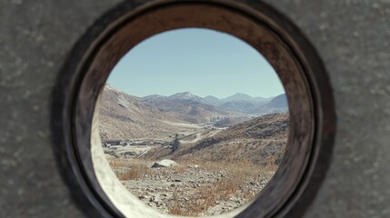 Mountain valley view through a round hole