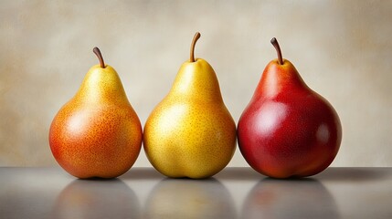 Three ripe pears in vibrant red, yellow, and orange hues sit side-by-side on a neutral background.