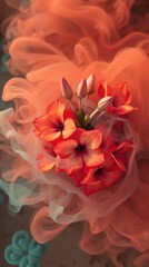 Fototapeta premium Floral arrangement with smoky effect creates a captivating and dreamy atmosphere. Orange flowers bouquet.