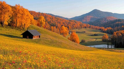 Fototapeta premium Small wooden cabin stands on a grassy hill surrounded by vibrant autumn trees and distant mountains during a sunny day.