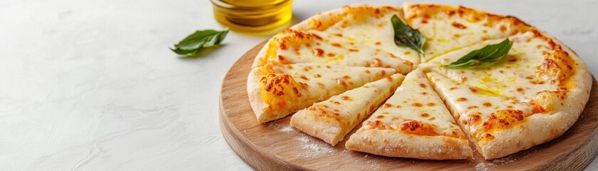 Freshly Baked Margherita Pizza with Cheese and Basil Leaves on Wooden Board Surrounded by Olive Oil Bottle