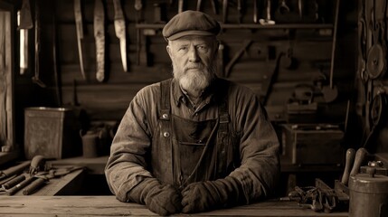 Elderly Craftsman in Workshop with Traditional Tools, Exuding Wisdom and Experience in a Rustic Vintage Setting