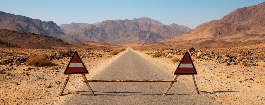 A deserted road is blocked by warning signs, leading into arid mountains under a clear blue sky, indicating a hazardous or closed route.