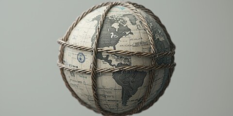 A globe made of paper currency, wrapped in rope, symbolizes global finance and interconnectedness, showcasing a unique artistic representation.