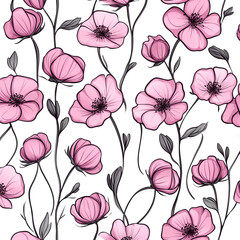 Delicate Pink Flowers Blooming Seamless Pattern Pretty Floral Design Romantic Botanical Illustration